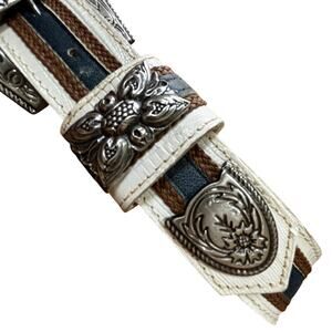 Vintage Graziano belt size L creamy white brown blue large silvertone buckle